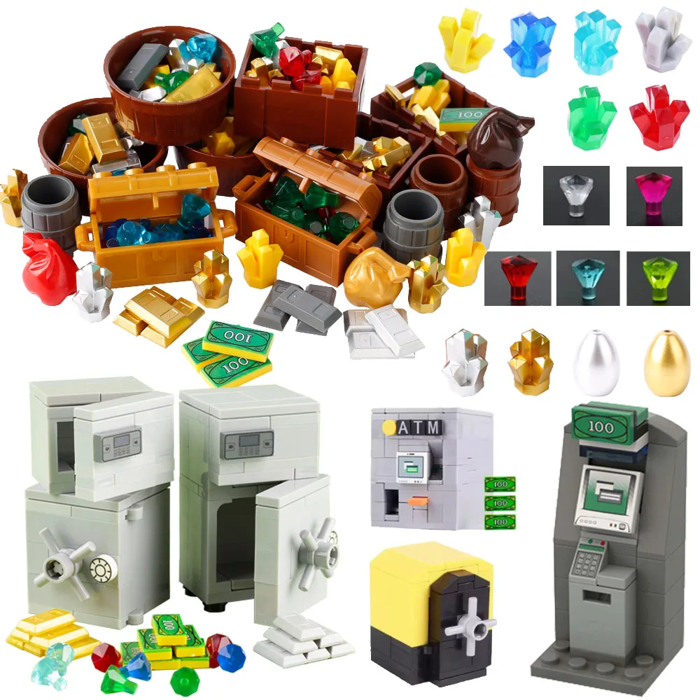 MOC City Treasure Box Series Set Gold Silver Ore Diamond Money Cash Dollar Coin Bag Children's Toys Building Blocks Gifts B037