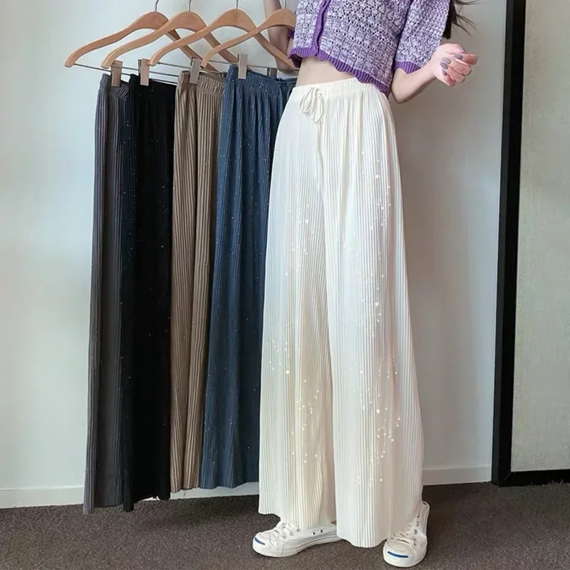 

Sparkling Drap Pants Starry Sky Wide Leg Pants Diamond Trouser Casual Beach All-match Thin Pleated Culottes Breathable Soft