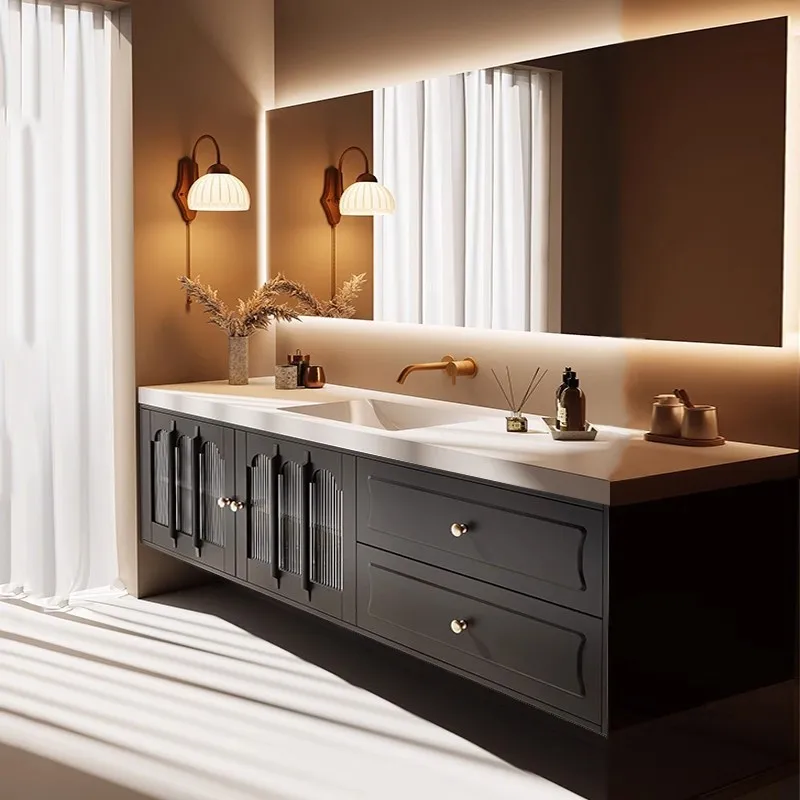 Factory Direct 2026 French retro rock slab seamless double basin bathroom cabinet combination sink washbasin cabinet oak bathroo