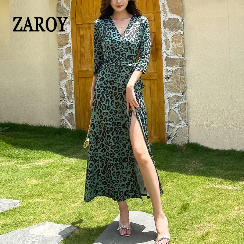 

ZAROY Vintage Leopard Print Green Women Long Wrap Dresses Summer Half Sleeve Sexy V Neck Ajustable Belted Dress Beach Party Robe