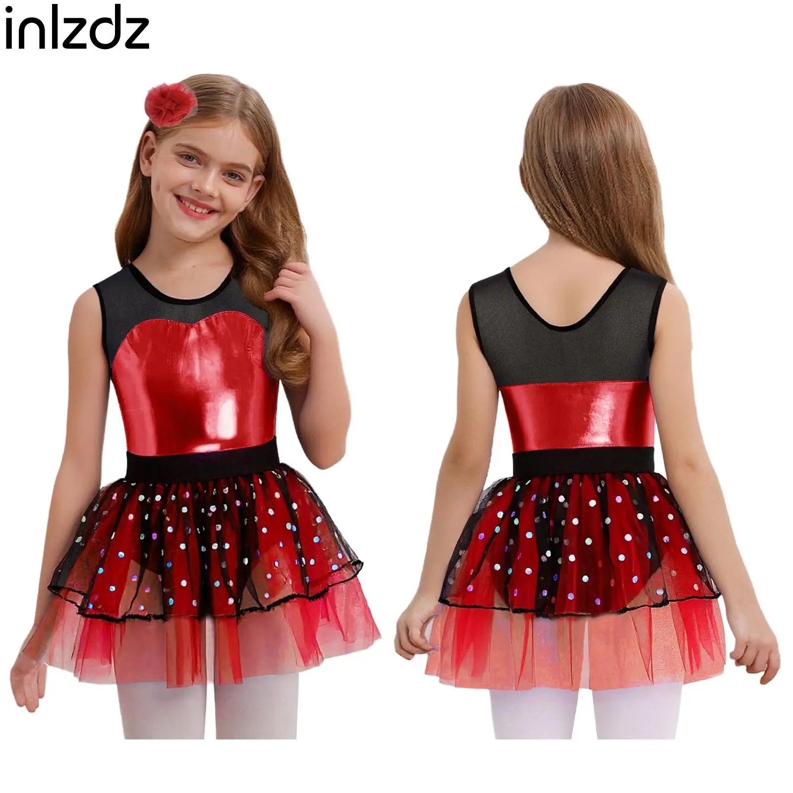 طفل فتاة الجمباز الباليه الرقص الشكل التزلج فستان مُصمم حسب الطلب بقماش شفاف معدني صد تول توتو فستان مع أغطية الرأس الزي #1