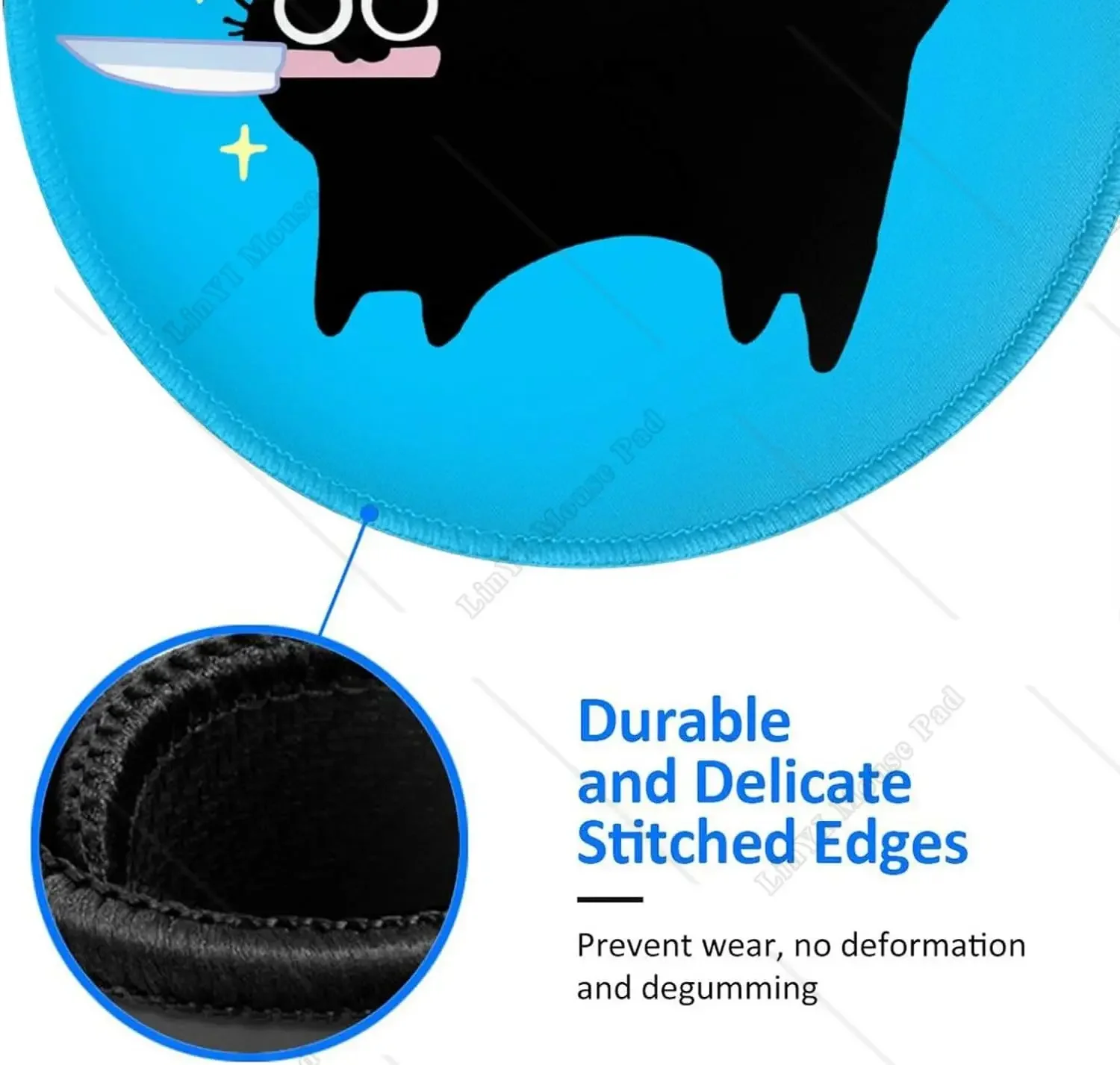 Black Cat with Knife Cute Round Mousepad with Non-Slip Rubber Base Stitched Edge for Mouse Office Home Gaming Working 7.9 Inch