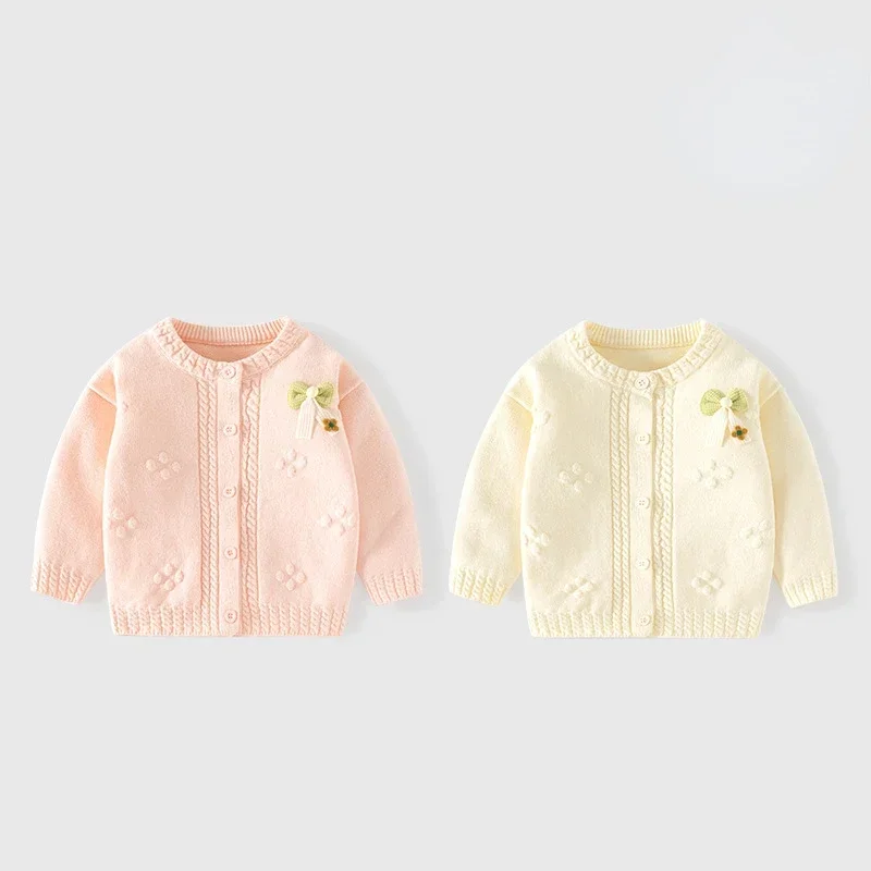 Childrens Sweaters Pure Cotton Knitted Cardigan 3D Bow Solid Color Baby 2024 Spring and Autumn Collection Baby Sweaters