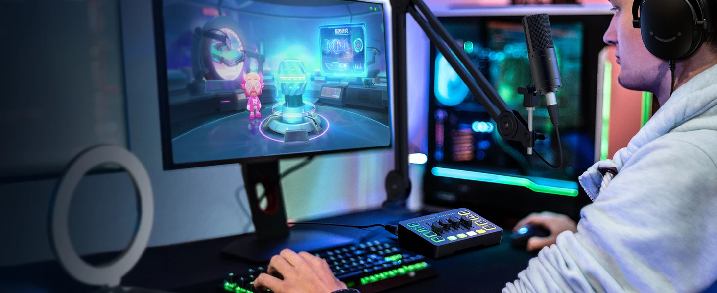 Fifine Usb-Gaming-Mixer Mit Xlr-Mikrofon-Schnittstelle, 48 V Phantomspeisung, Rgb, Soundkarte Für Podcasting, Streaming, Ampligame Sc3 Sca9F8Fc73D5E497B9Ad892F3295E39321
