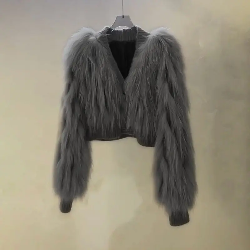 Nuevo cárdigan tejido 2025 chaqueta tejida de invierno para mujer con solapa de piel Natural abrigo Casual piel de zorro nueva moda corta cálida Wh117