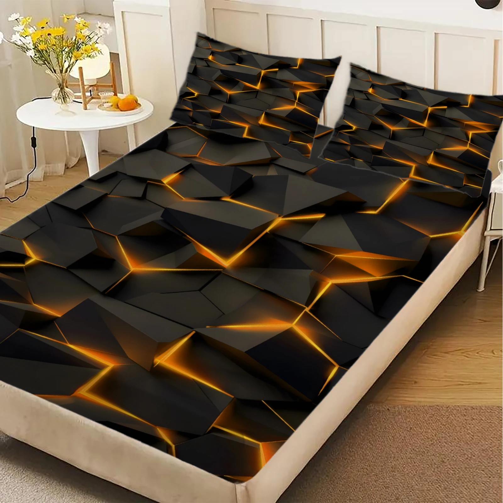 1 Piece 3D Lava Crack Geometric Fitted Sheet Black Gold Luminous Rock Texture Bedding Soft Microfiber Mattress Cover For Bedroom
