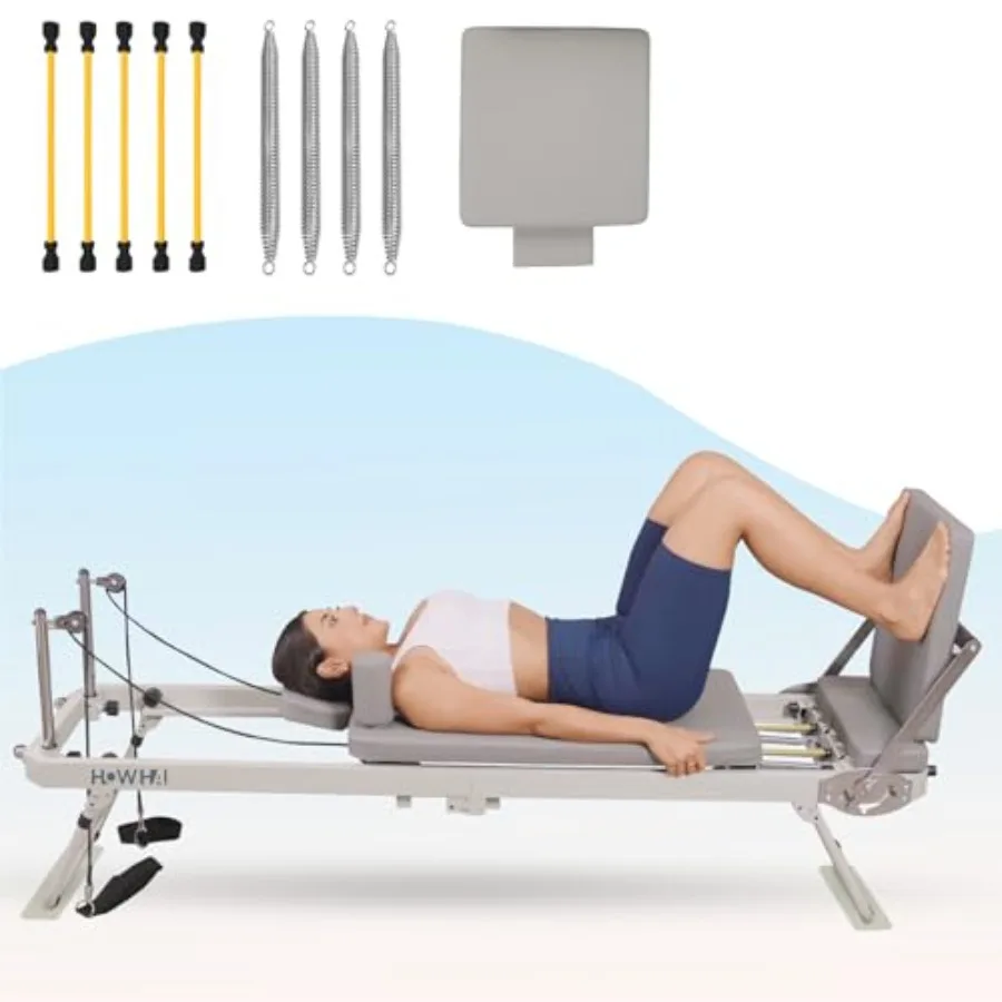 

Foldable Pilates Reformer Machine for Home Use High-Quality Wood Frame with Blue Resistance Bands and Jumping Board Suitable fo