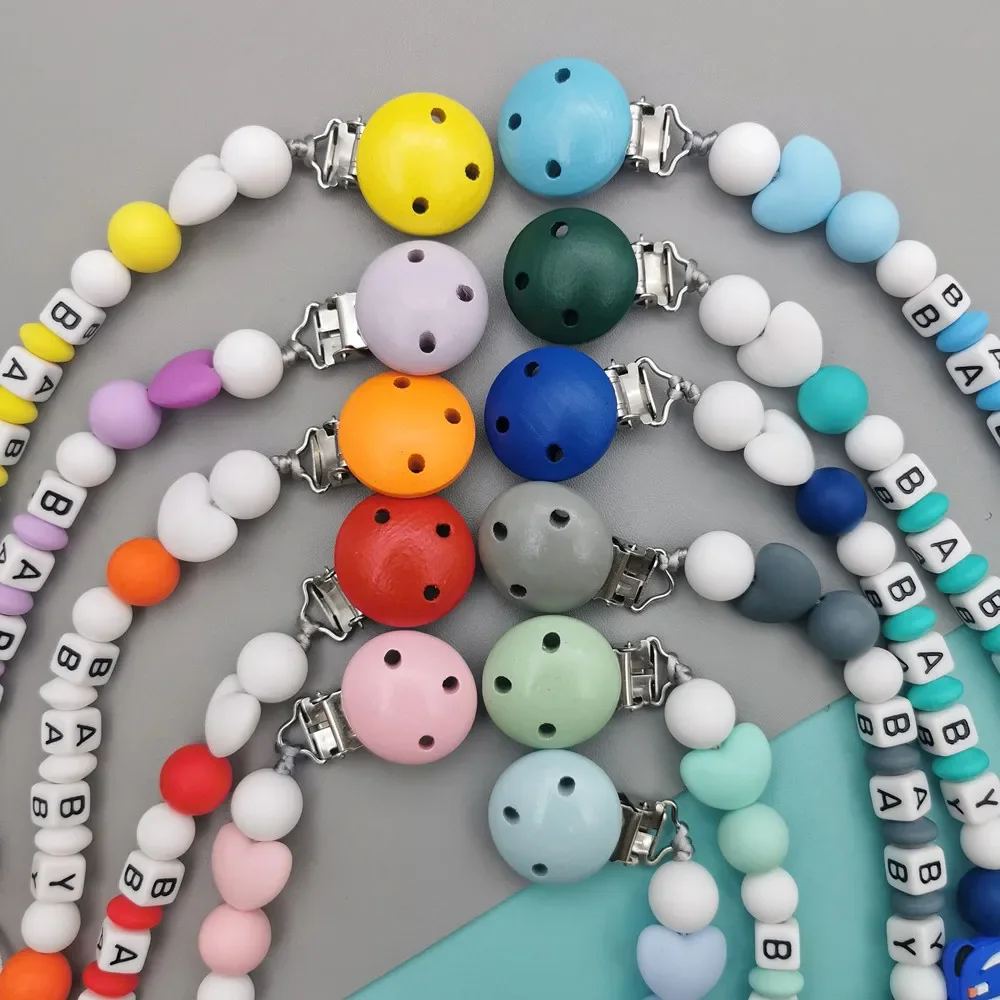 Custom English Acrylic Letter Name Silicone Car Beads Baby Pacifier Chain Clip Teether Pendants Kawaii Baby Toy Creative Gifts