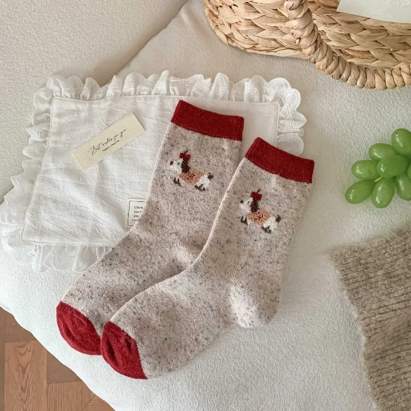 

1/5 pair of red women's autumn winter wool thickened warm mid tube socks with butterfly bows simple comfortable casual socks