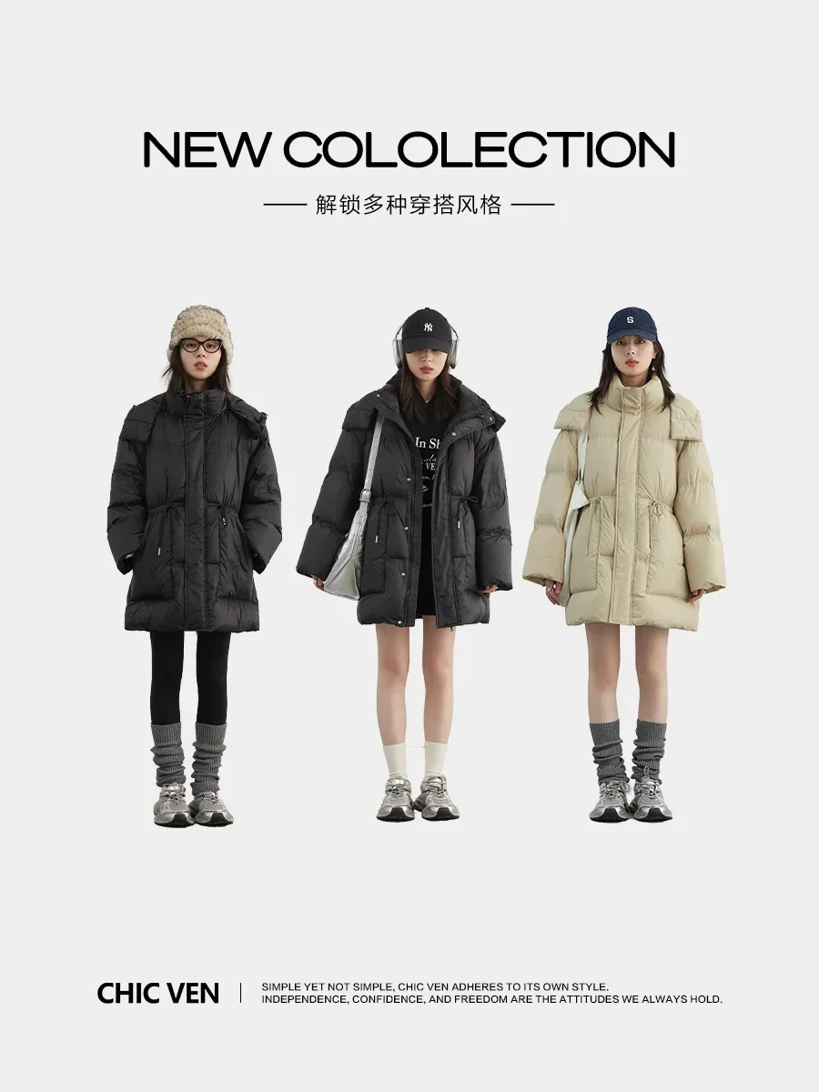 CHIC VEN Piumino da donna Solido allentato Nuovo con cappuccio in vita Puff Piumino femminile Medio lungo 90 Cappotto d'anatra bianco Inverno 2024