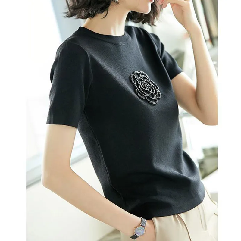 

Женская хлопковая футболка ort Sve Bla Camellia с принтом Tagl, корейская круглая футболка Ne Pearl Embellied Commute Faion