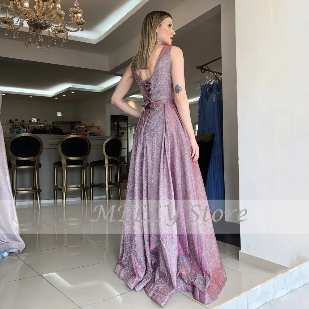 Moderne Abendkleider V-ausschnitt Ärmellose Spitze Up Prom Kleider A-Line Bodenlangen Vestidos De Fiesta Elegantes Para Mujer 2023