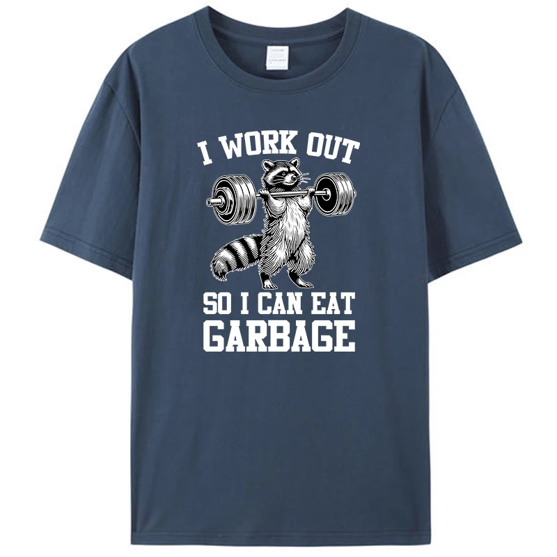 I Work Out So I Can Eat Garbage Raccoon Gym Weight Training Men's T-Shirt Clothing Vintage Women Graphic Tee Shirts Novelty Gift image 3