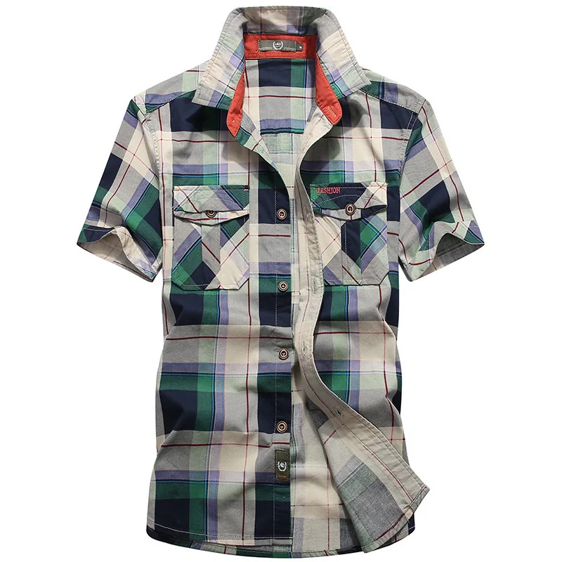 Men Summer Short-sleeved Plaid Shirts Male Military Outdoor Shirts Multi-pockets Tooling Shirts High Quality Man Cotton Shirts