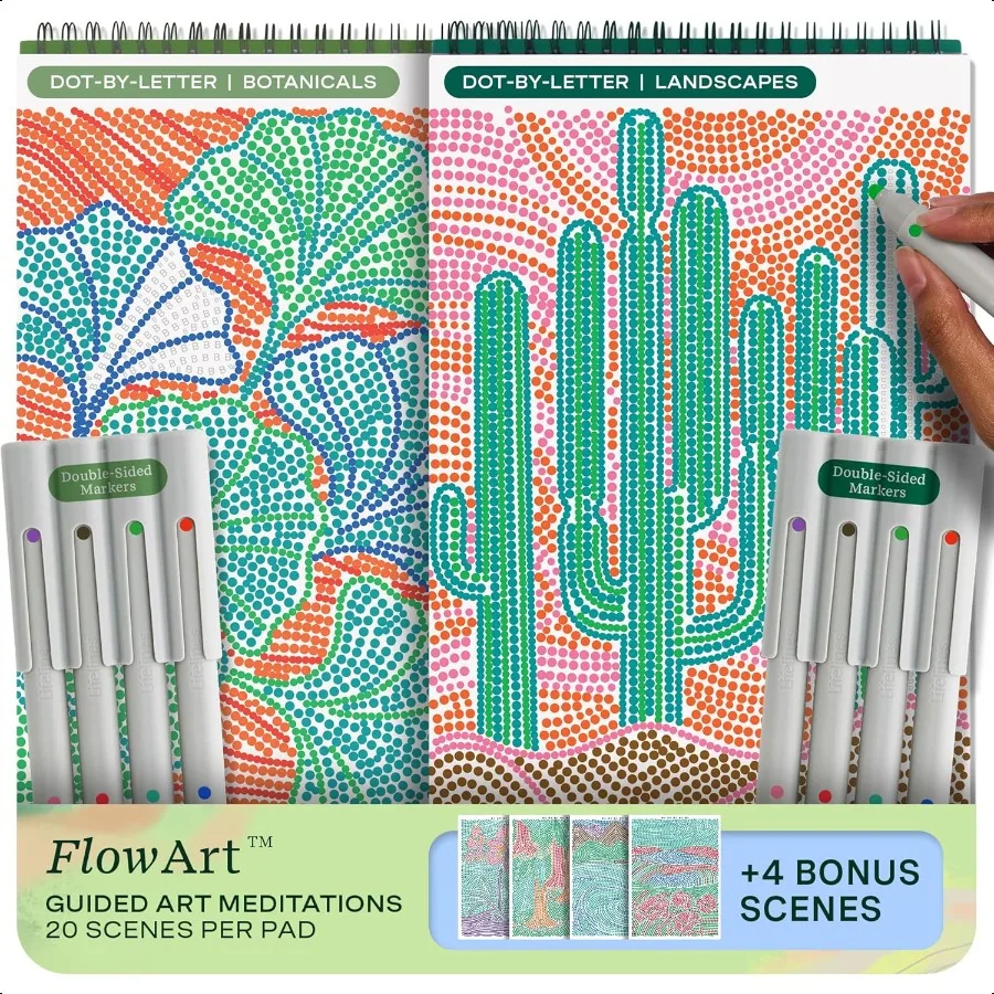 

Lifelines FlowArt Activity Pad 2Pack Guided Dot Art Meditations with Markers DotbyLetter Botanicals Landscapes Color by Number