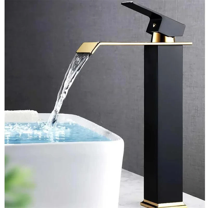 Black Waterfall Washbasin Wide Mouth Faucet Stainless Steel Hot and Cold Bathroom Sink Raised Basin Modern Bathroom Faucet