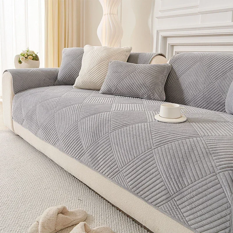 Nordic Striped Short Plush Sofa Cushion Non-slip Sofa Cover Four Seasons Universal Sofa Protector Furniture Decor