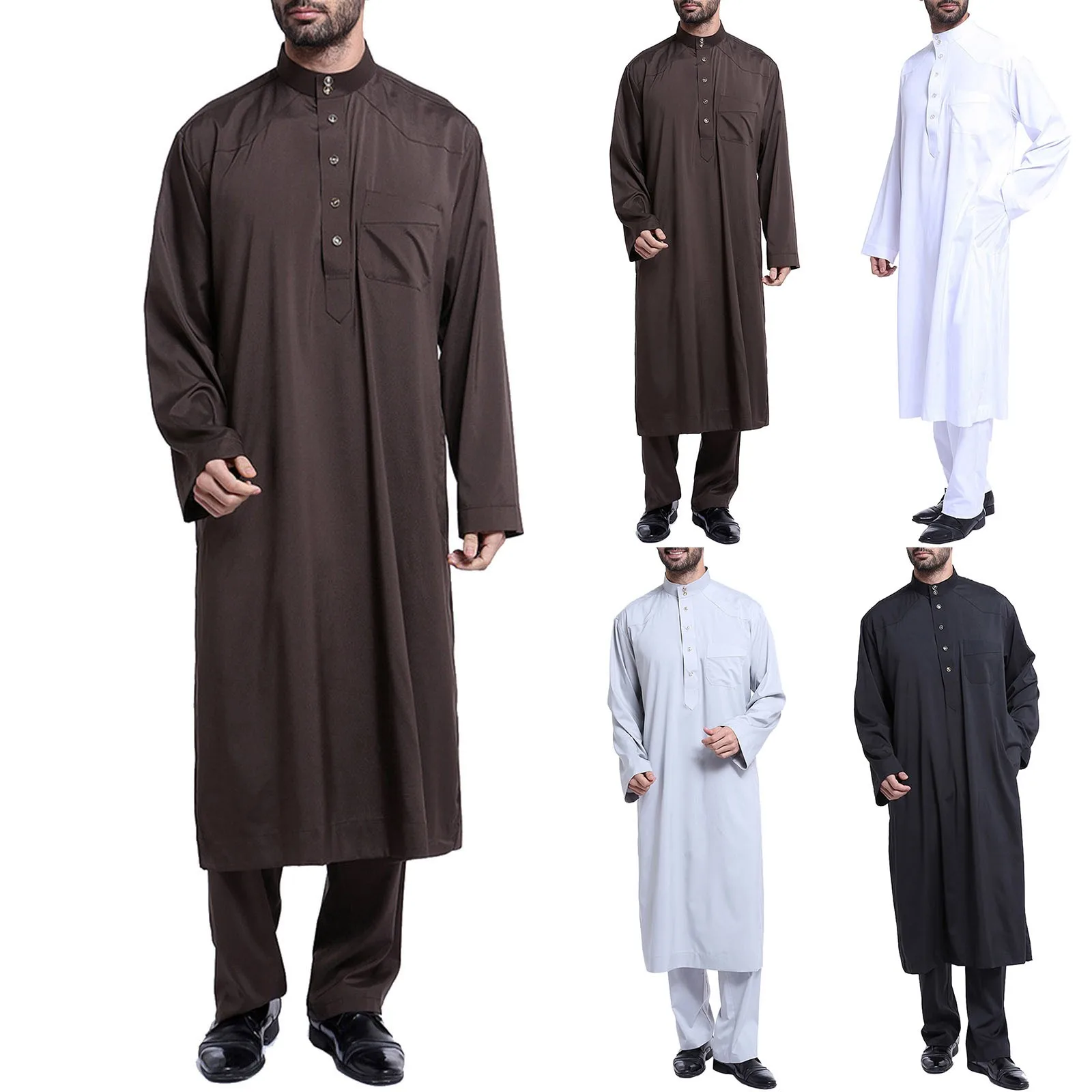 Men's Casual Muslim Suit Arab Middle Solid Long Sleeved Robes+Pants Mens Long Sleeve Button down Muslim garment robe Traditional