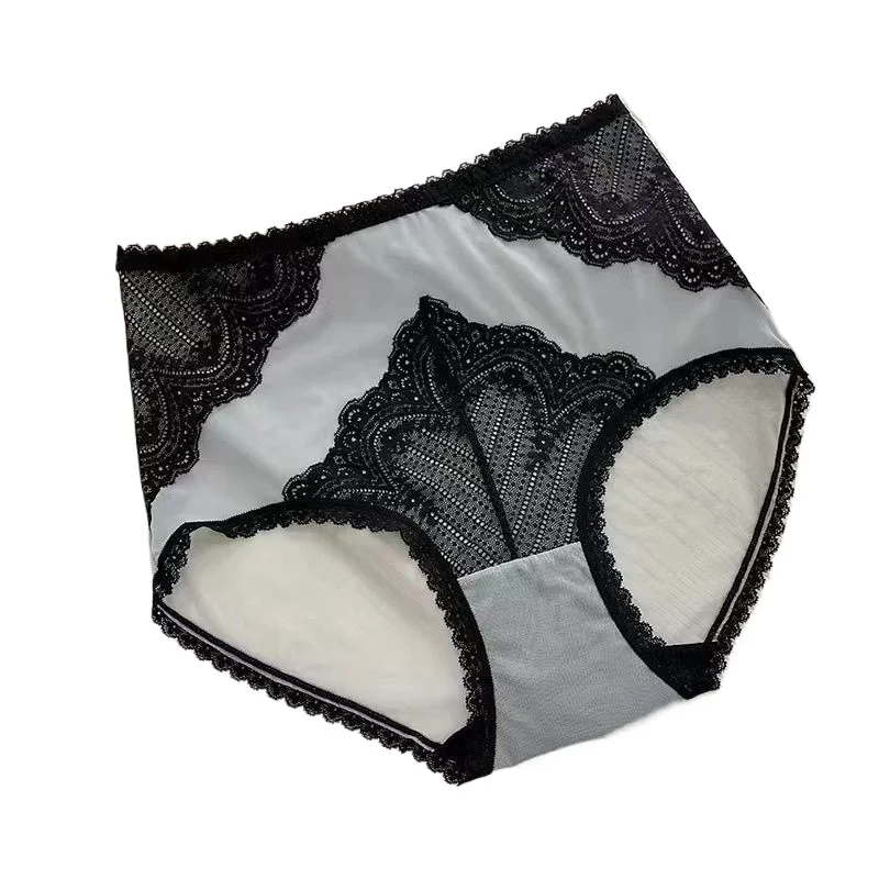 Panties High Waist European Sexy Satin French Eyelash Lace Triangle Mesh Low Waist Pure Breathable Briefs High Elastic Underwear