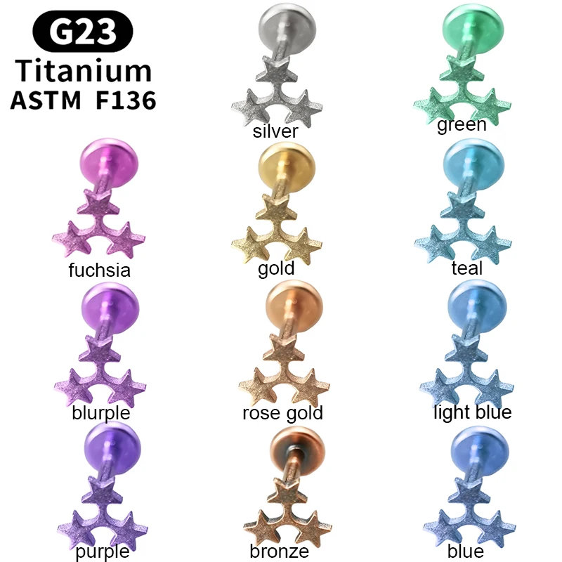 G23 Titanium Internal Thread Three Star Lip Piercing Stud Earring Labret Bar Tragus Ear Jewelry Trinkets Tragus Piercing