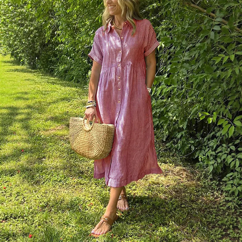 فساتين قميص مخططة غير رسمية للنساء صيف جديد بأكمام قصيرة وطية صدر واحدة قمصان فضفاضة فستان طويل للسيدات للتنقل