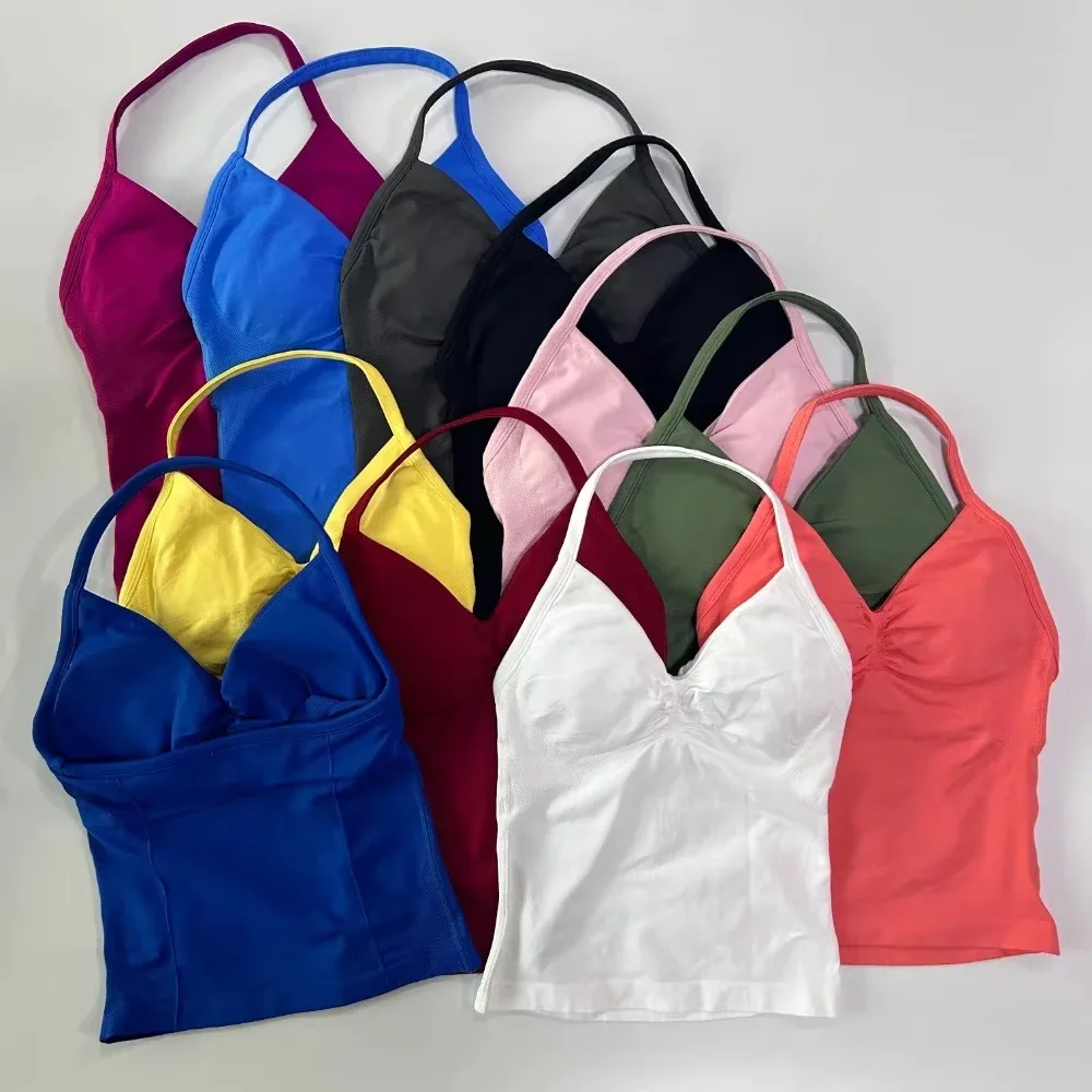 Women's 2-Piece Seamless Sports Set Backless Halter Padded Push-Up Top & Ruched Butt-Lifting High Waist Gym Shorts Activewear