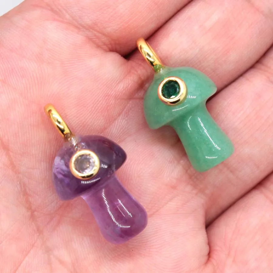 Charms Natural Healing Crystal Mushroom Stone Pendants For Women Amethyst Rose Quartz  Inlay Zircon Choice DIY Necklace Jewelry