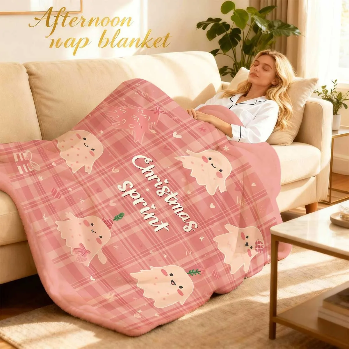Cozy Flannel Blanket with Adorable Ghosts & Holiday Decor Pink Plaid Background, Warm Winter Throw for Living Room, Sofa, or Bedroom, Machine Washable Polyester, Decor