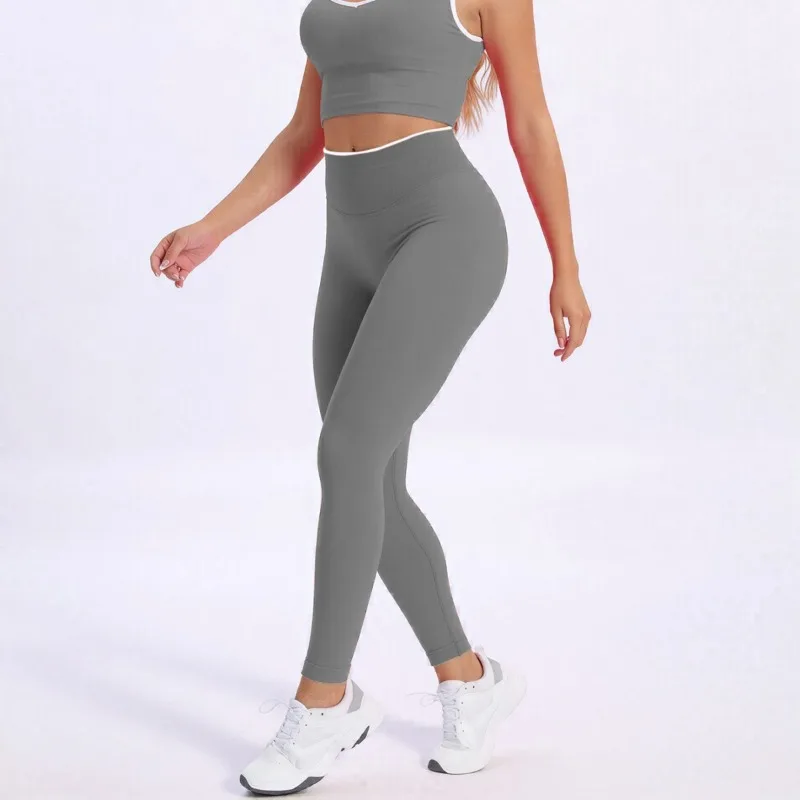 Women Color Block High Waist Seamless Knit Tight Quick Dry Yoga Pants Outdoor Running Workout Gym Fitness Sports Leggings