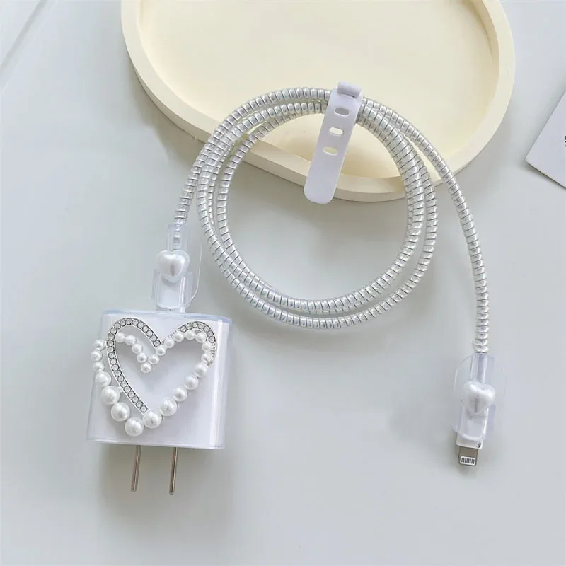 3D Pearl Diamond Love Heart Charger Cover For IPhone 15 13 14 18 20W Bow Transparent Charge Protection Cover Charger Sleeve