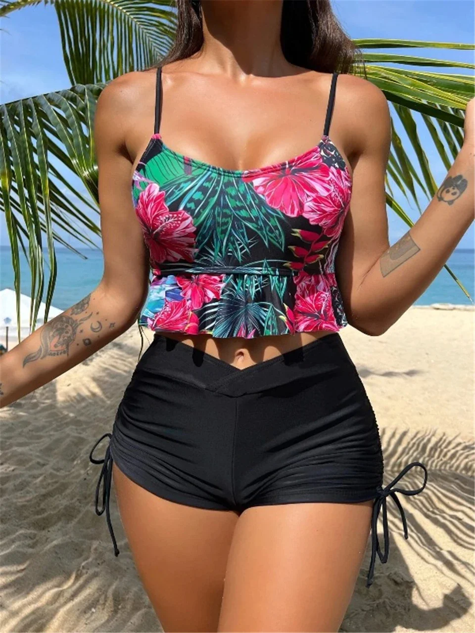 

Ruffle Hem Floral Bikini 2025 Women Drawstring Side Swimsuit High Waist Swimwear Female Bathers Bathing Swimming Suit Beachwear