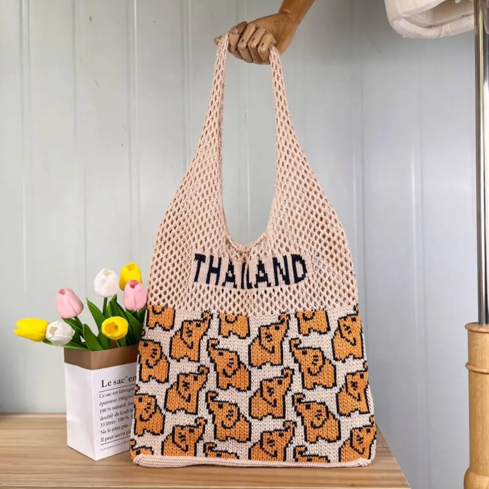 Casual Knitted Shoulder Bag Large Capacity Elephant Woven Underarm Bag Hollow Handbag Woman Girls