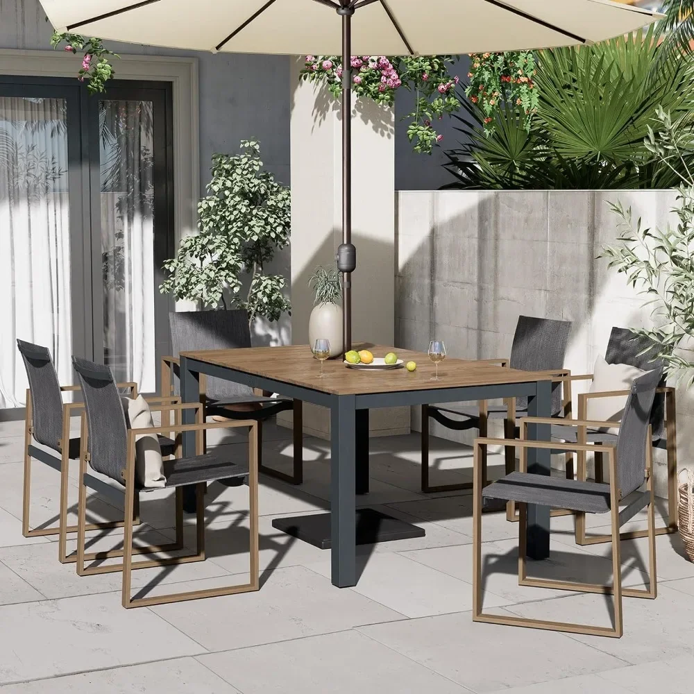 

7 Piece Outdoor Dining Set with Faux Wood Grain Finish, Modern Alunimum Table and Chairs for 6 with Market Umbrella Hole