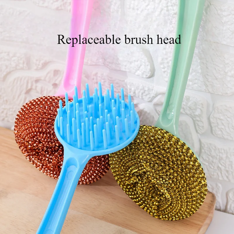 Kitchen Scrubber PET Cleaning Ball Long Handle Replace Cleaning Brush Wash Dishes Wash POTS Brush Fiber Steel Ball