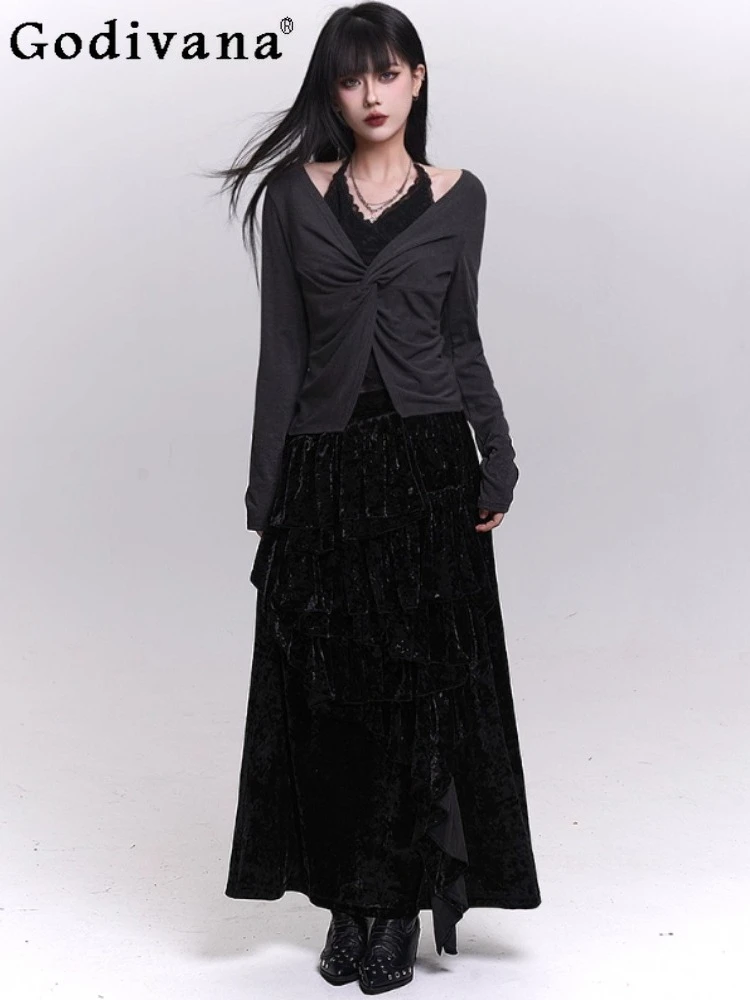 

Winter New Fashion Women Black Long Velvet Skirt Autumn High Waist A-line Versatile Personality Ruffles Irregular Banquet Skirts