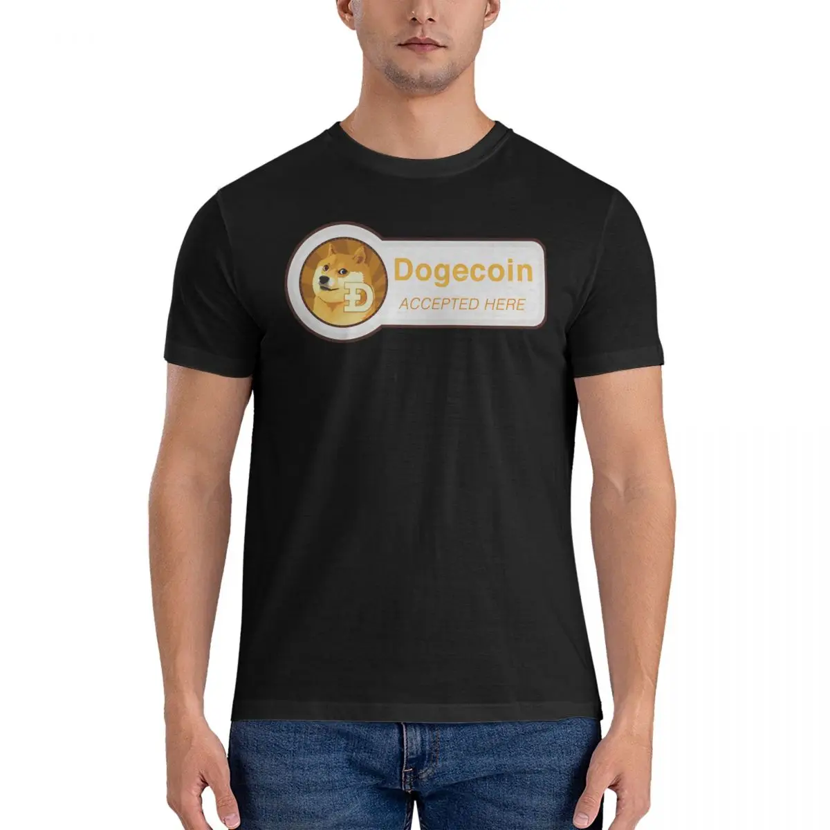 Accepted Here T Shirts Men's 100% Cotton Funny T-Shirts Round Collar Dogecoin Tee Shirt Short Sleeve Tops Graphic