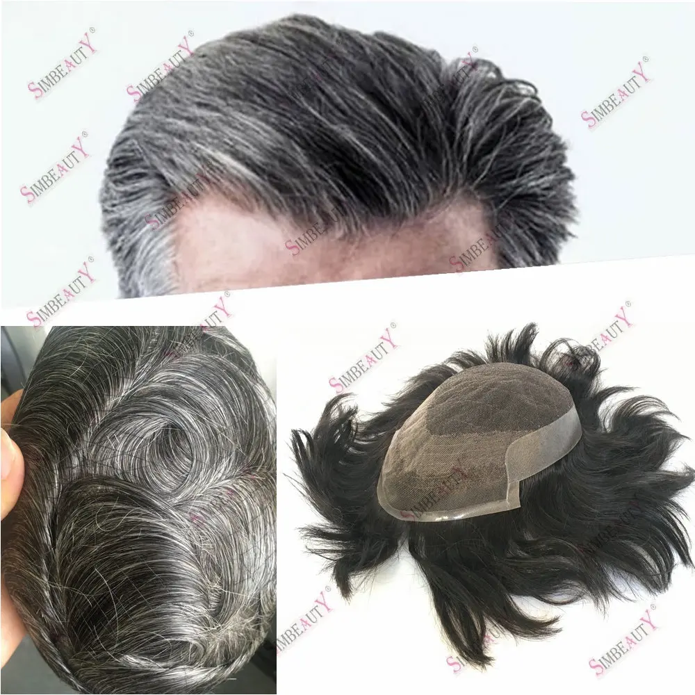 1B40#Black Grey Toupee for Men Human Hair Wigs 6x8