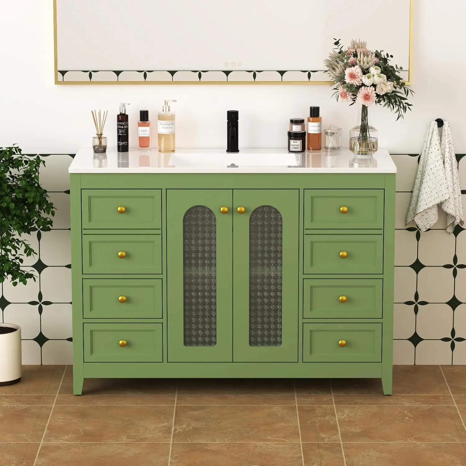 

48” Bathroom Vanity with Resin Sink Freestanding Cabinet Soft-Close Glass Doors 6 Drawers Adjustable Shelves, Customized