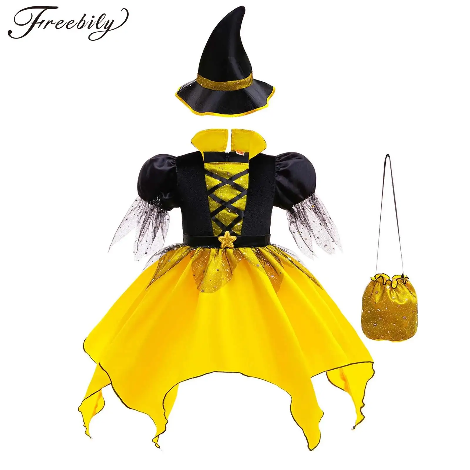 Disfraz de bruja de Halloween para niñas, vestido tutú de malla con lentejuelas y cuello levantado, manga abombada, con bolsa para sombrero, conjunto de mago dulce