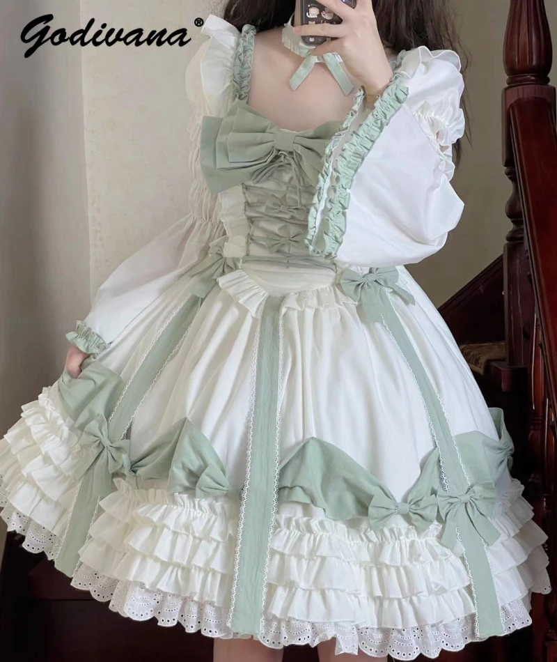 

Lolita Original Design Sweet Shirt Sleeve Bowknoot High Waist Op Dress Girl Ladies Slim Knee-length Ball Gown Dresses