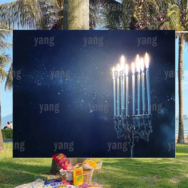 Happy Hanukkah Custom Black Backdrop Photocall Menorah Candelabra Candle Wood Dreidel Jewish Holiday Family Glitter Background