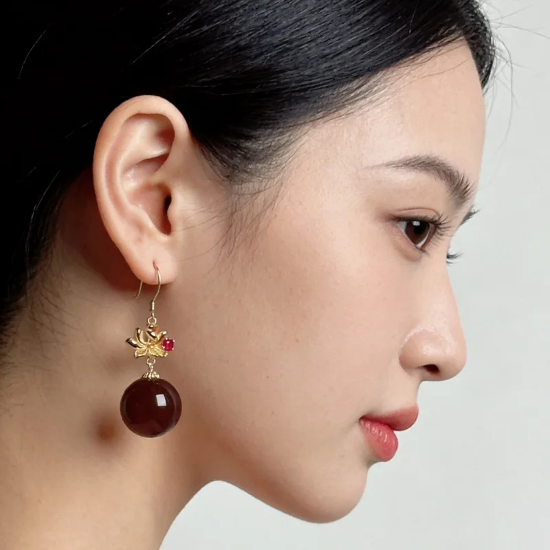 Myanmar Lingcao Per Silver Earrings 16mm Round Bead Hook Medium Red Ear Jewelry
