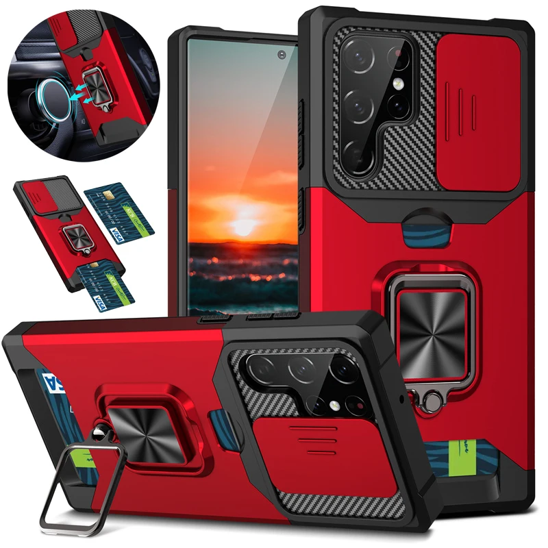 サムスンギャラクシー S24 ウルトラケース磁気カードスロットスライドカメラ耐衝撃バックカバー GalaxyS24 プラス S 24 リングスタンド Funda