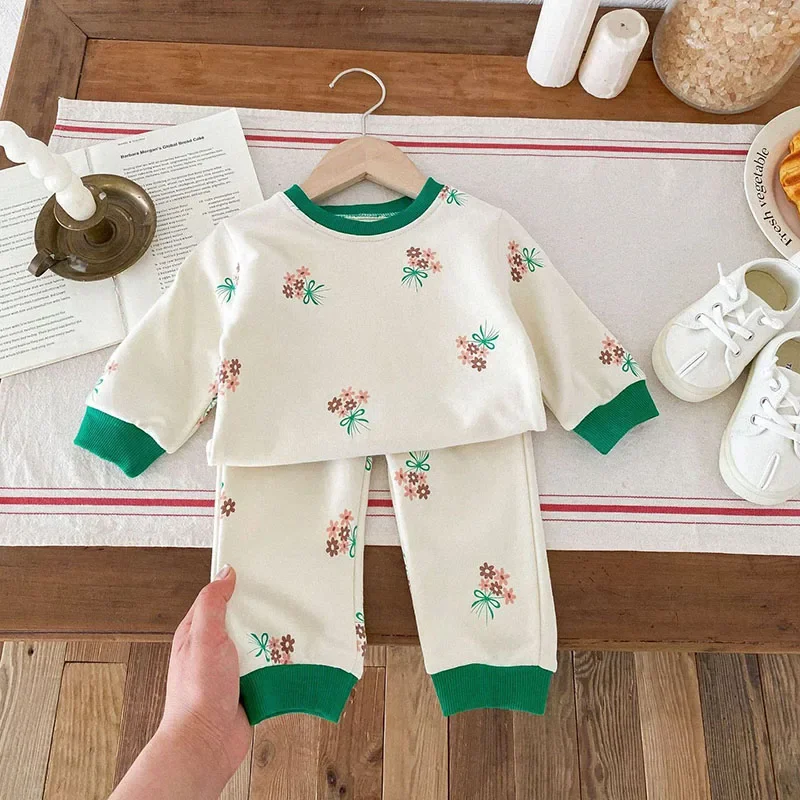 2024 Autumn New Baby Clothing Set Fashion Floral Print Cotton Infant Children Suit Girls Boys Clothes Set Kids Outfit