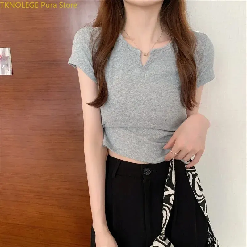 

TKNOLEGE Slim Short Sleeve T-shirt for Women Summer Y2k Top Solid Color Crop Top Women