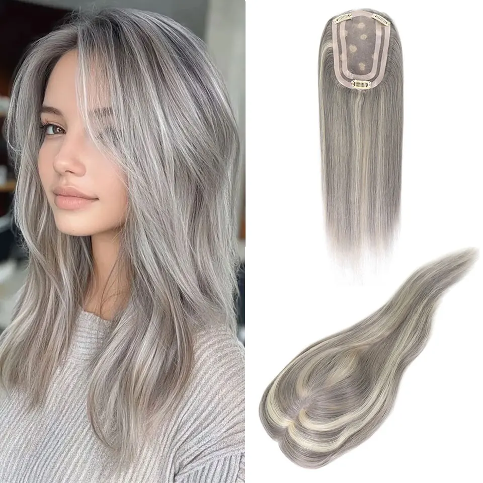 Grey Highlight Mono With PU Human Hair Toppers Invisible Hairpiece For Women Hair Clips In Toppers Extensions For Women 14Inch