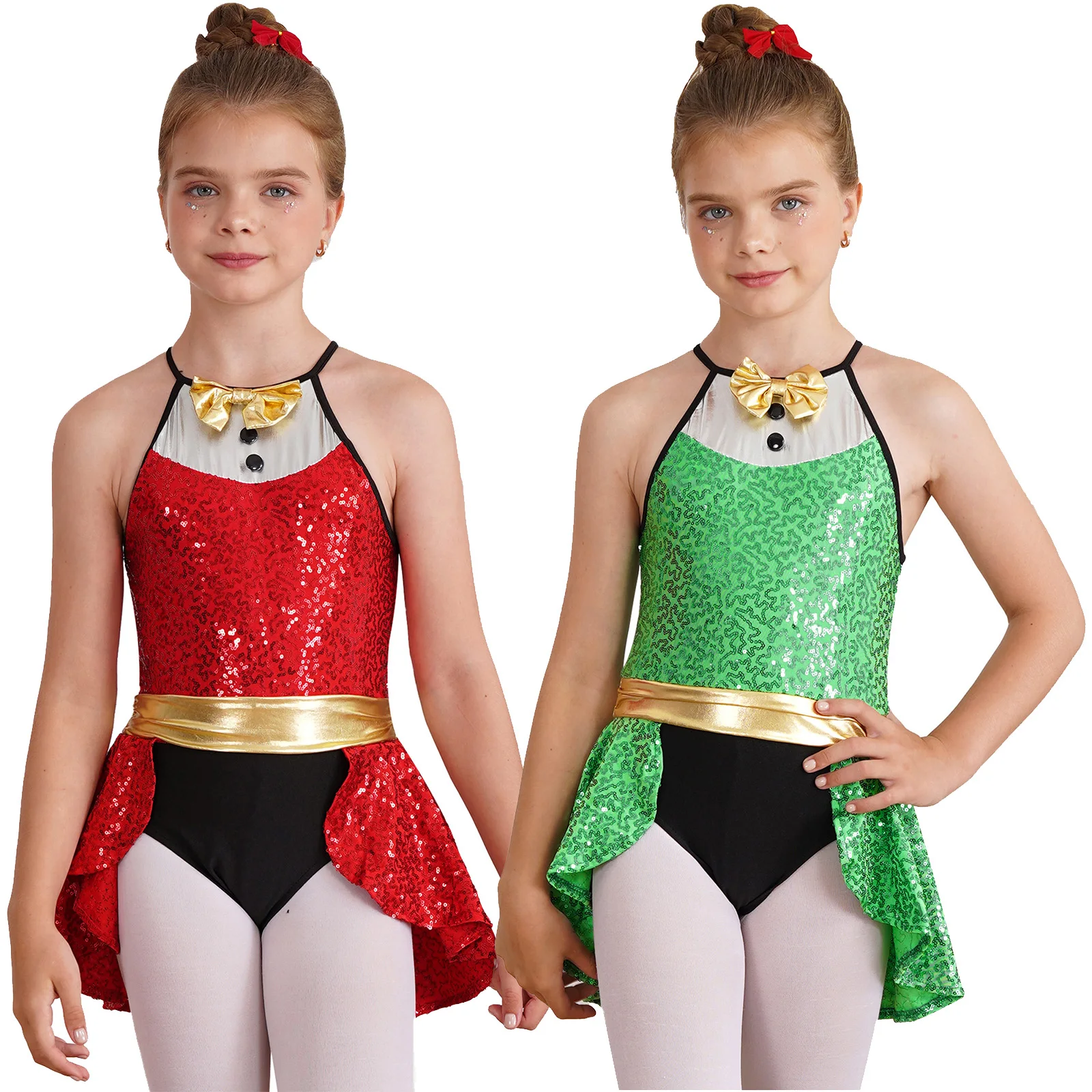 

Kids Christmas Leotards Circus Dancewear Bowknot Shiny Sequin Bronzing Cloth Patchwork Jumpsuit Carnival Party Dress UP Costumes