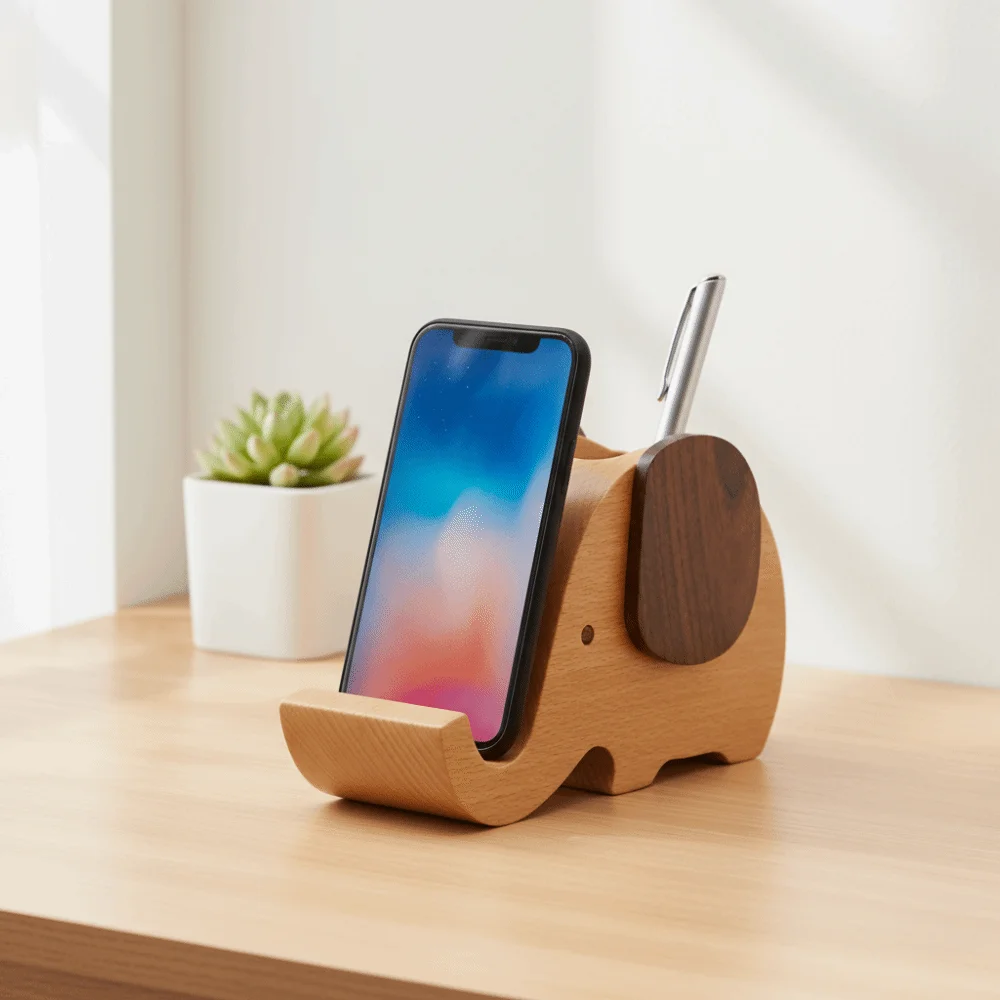 

Wooden Craft Wooden Elephant Desk Organizer Creative Design Desktop Ornament Pen Holder Multipurpose Phone Stand Study