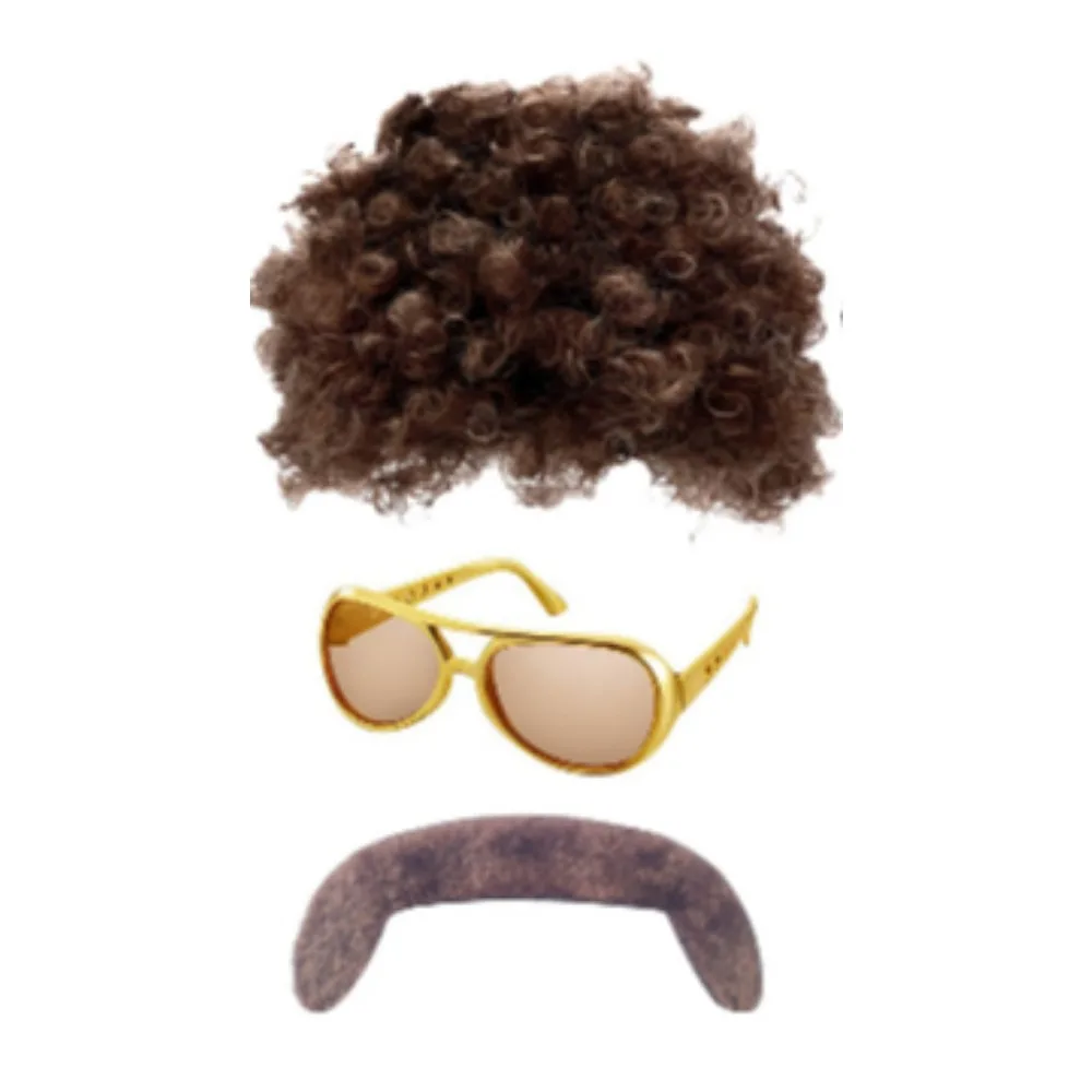 Halloween Wig Glasses Beard 6 Piece Set Brown and Black Afro Wig Brown Simulated Beard