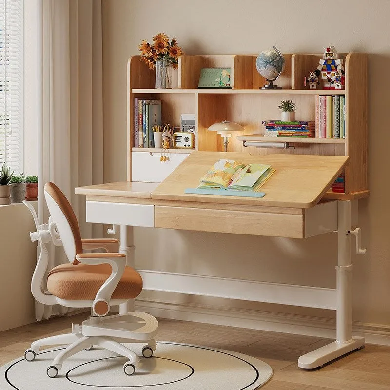 Study table, hand lift student home writing table and chair set, solid wood desk bookshelf integrated multi-function